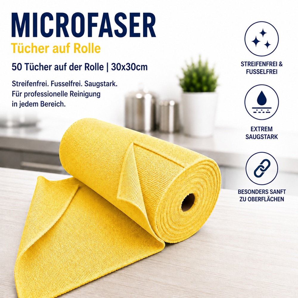 Microfaser 50 Tücher auf Rolle 30x30cm Mikrofasertuch, Farbe Gelb - Der Topseller