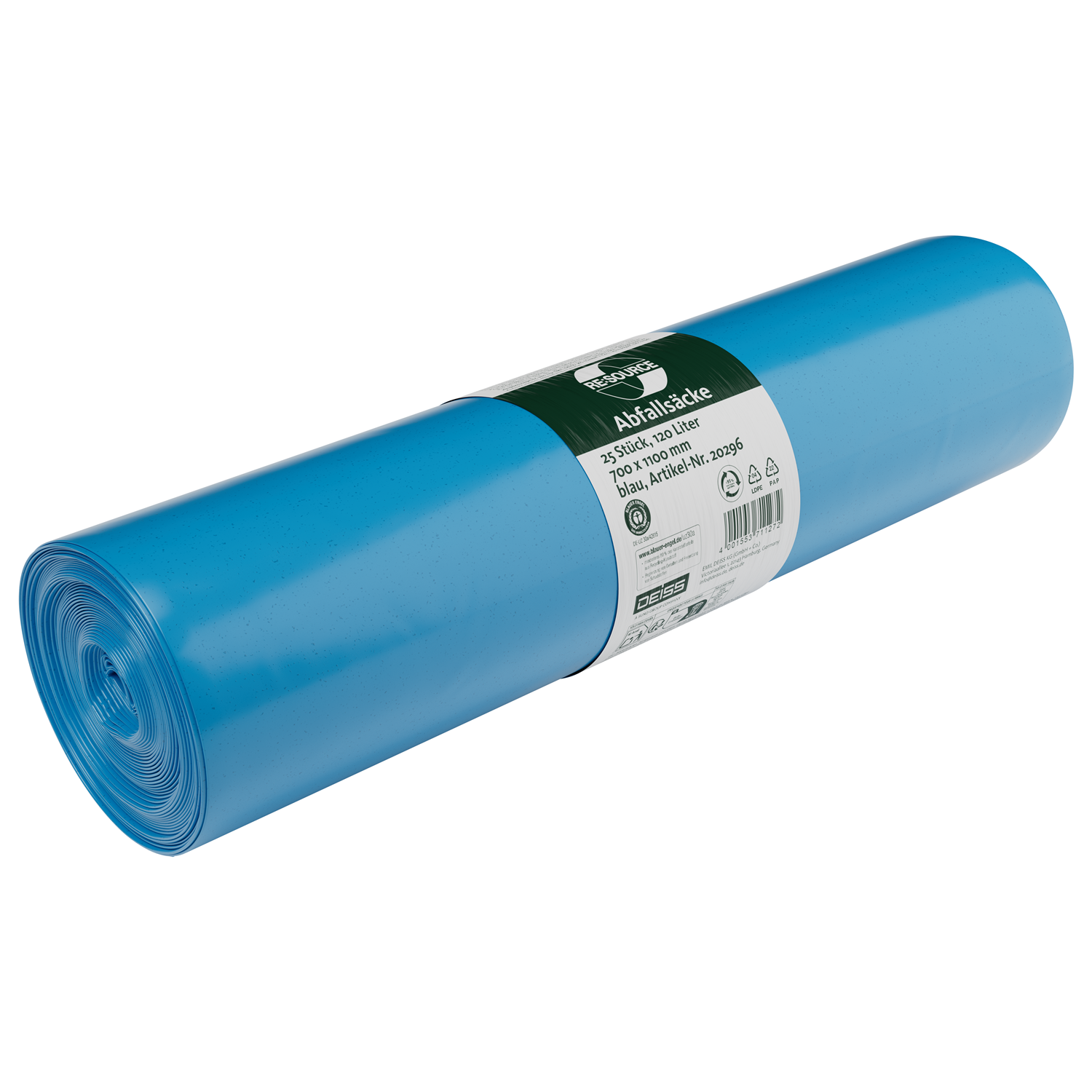 DEISS RE:SOURCE Müllsäcke LDPE 120 Liter starker Müllbeutel, blau, 1 Karton = 10 Rollen