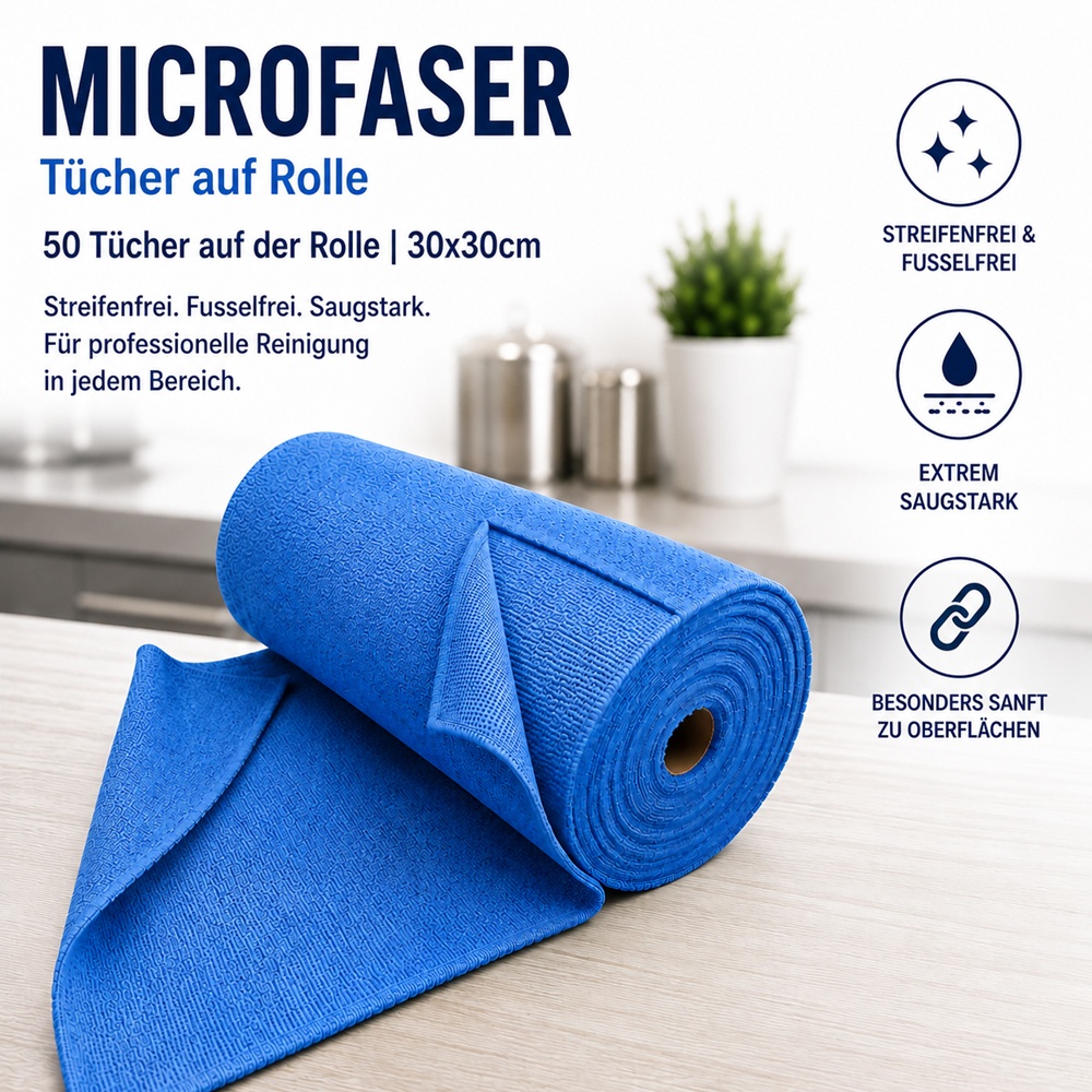 Microfaser 50 Tücher auf Rolle 30x30cm Mikrofasertuch, Farbe Blau - Der Topseller