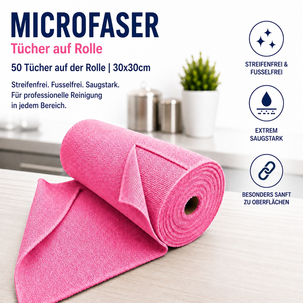 Microfaser 50 Tücher auf Rolle 30x30cm Mikrofasertuch, Farbe Rot - Der Topseller