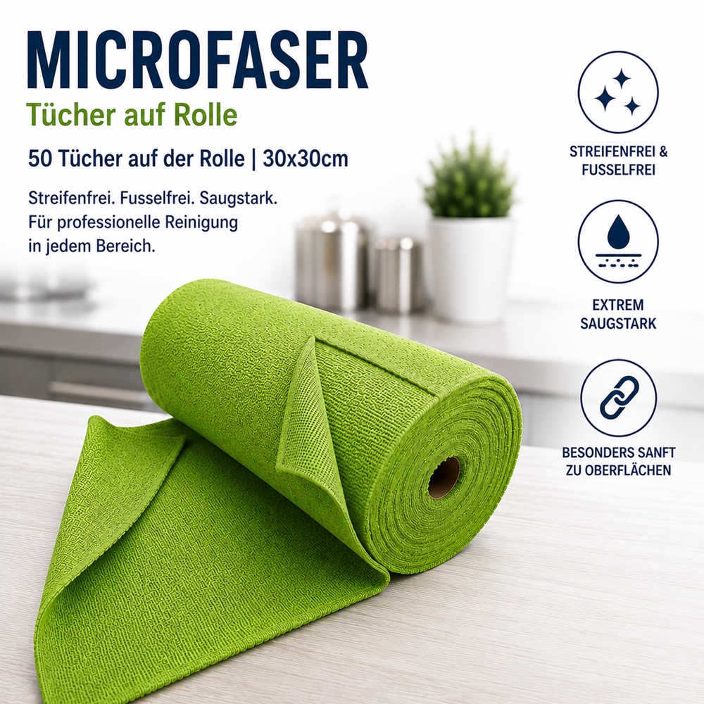 Microfaser 50 Tücher auf Rolle 30x30cm Mikrofasertuch, Farbe Grün - Der Topseller