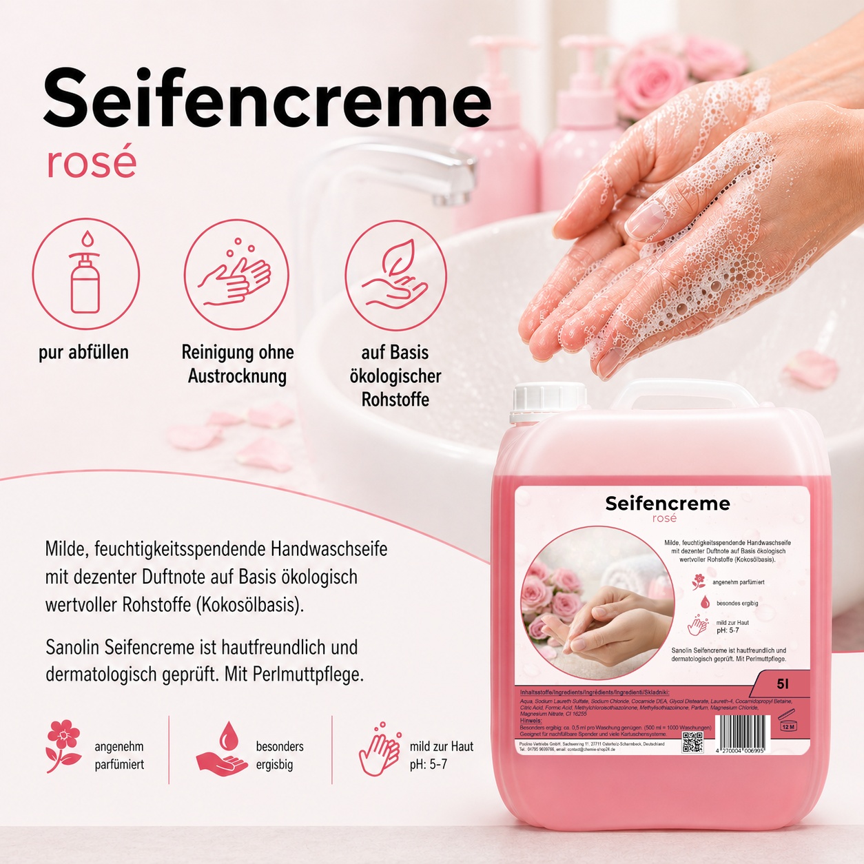 Seifencreme mild, rose, zum Nachfüllen, im 5 l Kanister