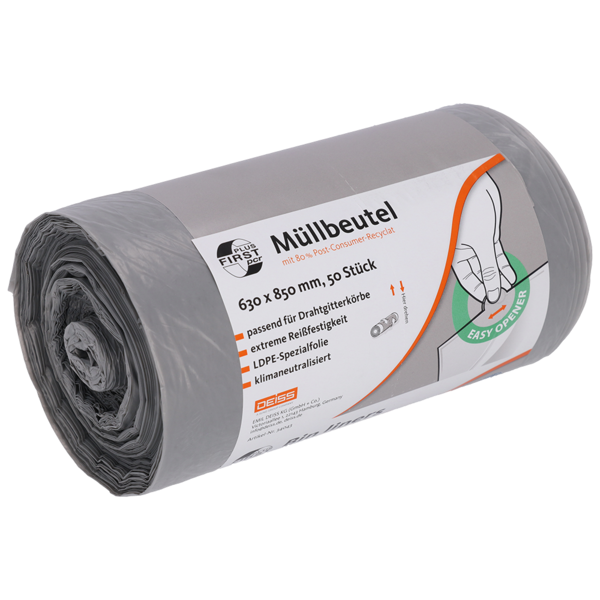 DEISS FIRST PLUS PCR Müllbeutel 80 Liter, grau, Blauer Engel 1 Karton = 6 Rollen