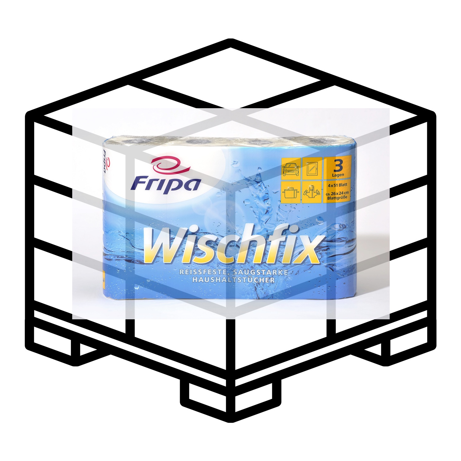 Fripa Wischfix Küchenrolle, Haushaltstücher 3-lagig, 51 Blatt/Rolle - 1 Palette 672 Rollen