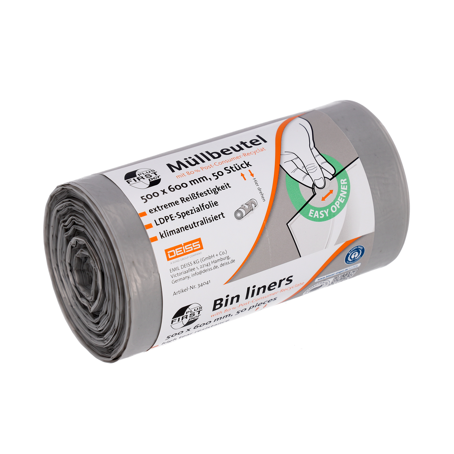 DEISS FIRST PLUS PCR Müllbeutel 30 Liter, grau, Blauer Engel 1 Karton = 36 Rollen