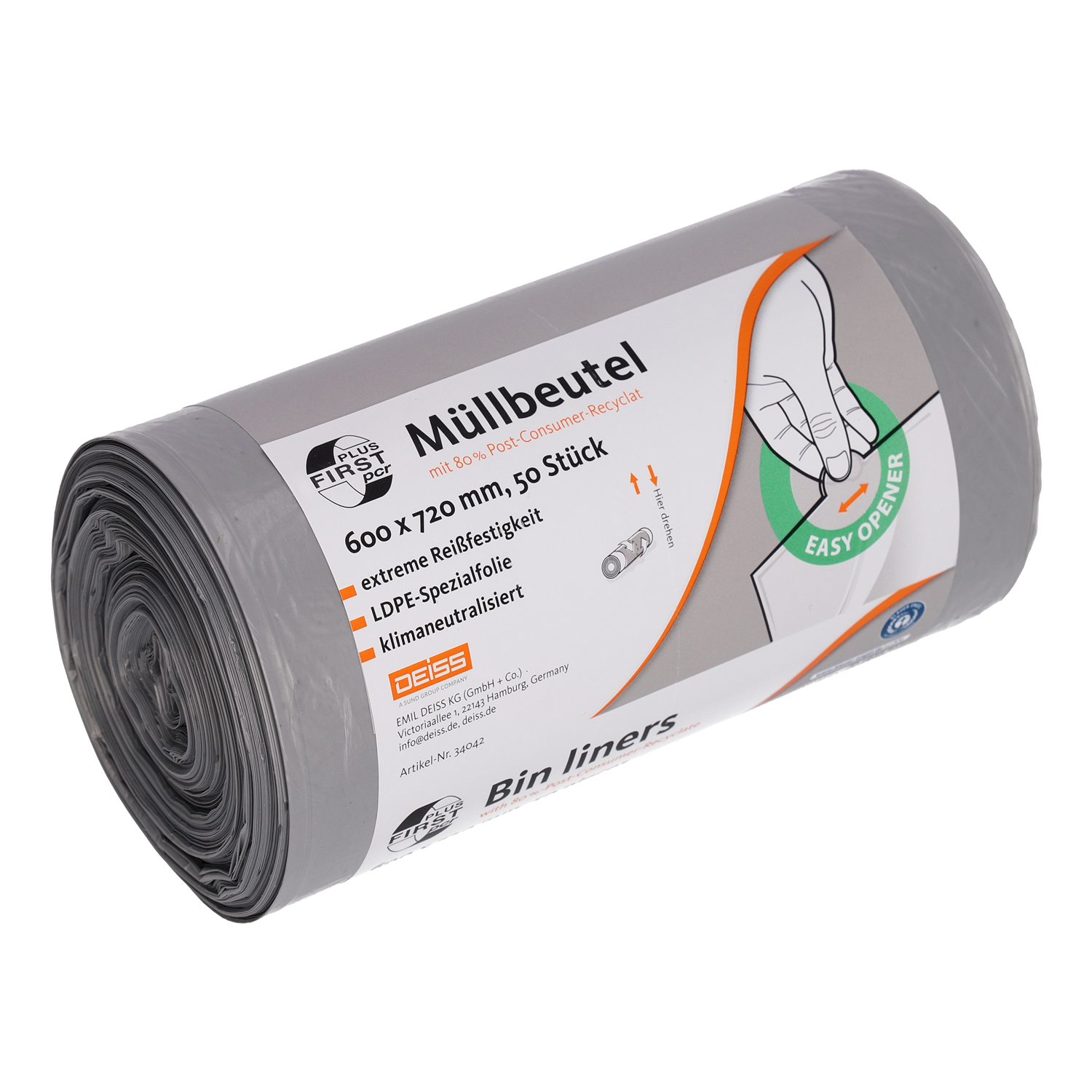 DEISS FIRST PLUS PCR Müllbeutel 60 Liter, grau, Blauer Engel 1 Karton = 20 Rollen