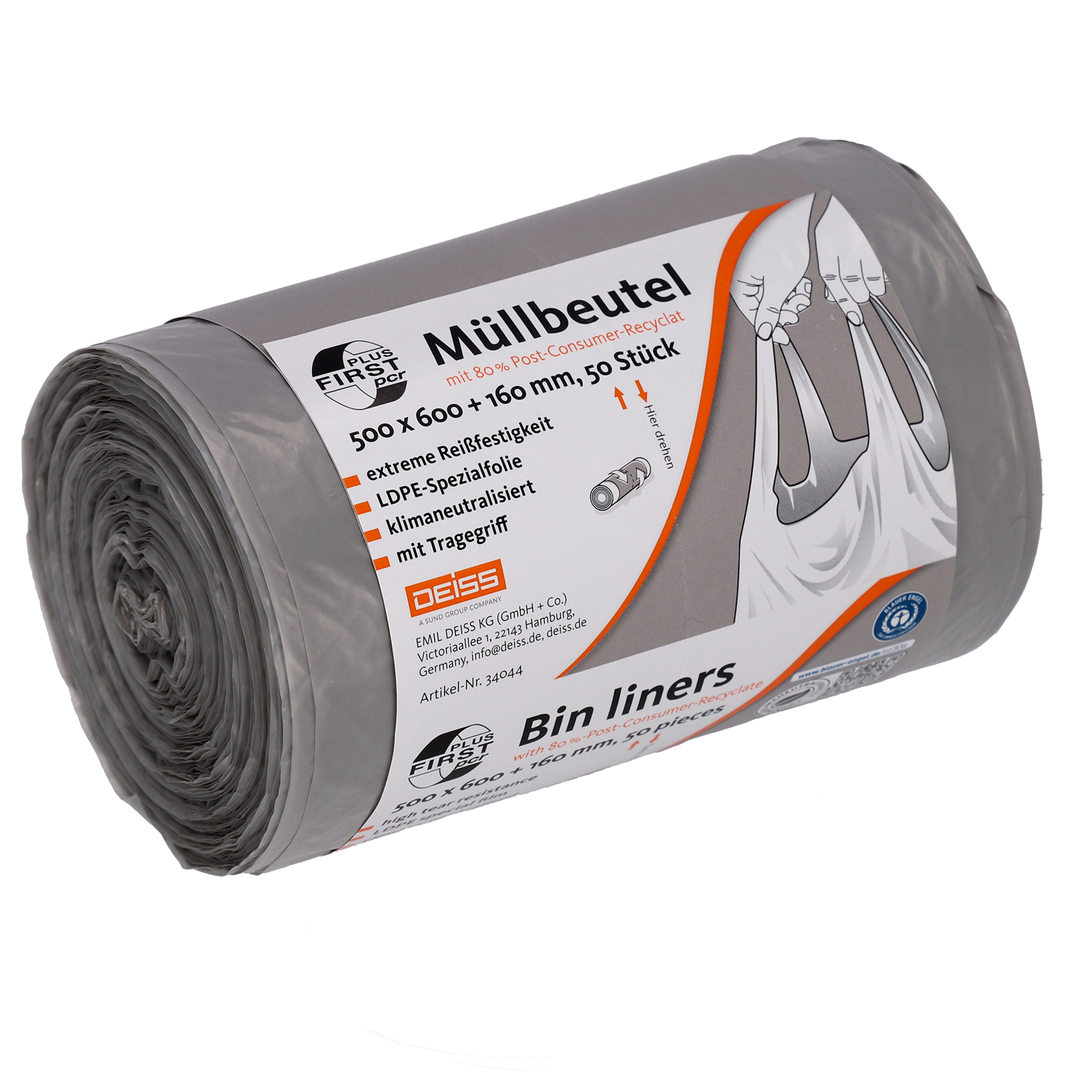 DEISS FIRST PLUS PCR Müllbeutel 30 Liter, Tragegriff, grau, Blauer Engel 1 Karton = 20 Rollen